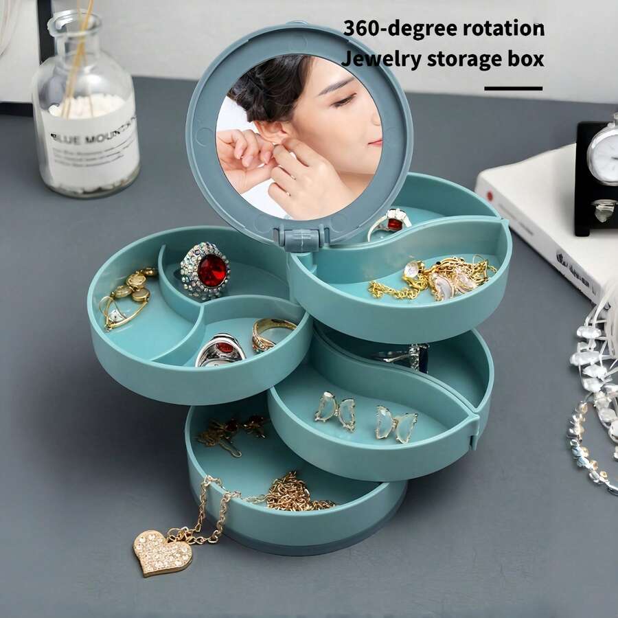 1pc 4-Layer Rotating Jewelry Organizer With Mirror, 360 Degree Rotation, Portable Earring Ring Necklace Storage Box, Vanity Table Desktop Women's Gift - 4-tier Plastic Storage Box With Mirror - View 1
