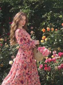 Women's V-Neckline Long-Sleeved Printed Ruffle Dress - Pink - View 2