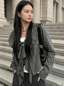 YCYC Korean Style Vintage Personalized Grey Ruffle Tie Versatile Casual Long Sleeve Cardigan Jacket - Grey - View 4