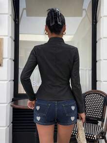 Women's Vintage Black Coated Fabric Baseball Jacket, Long Sleeve Low Collar Design, Autumn Decadent Style Outfit Choice - Black - View 7