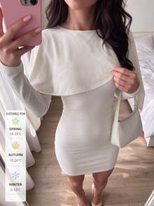SUNSTORY Women's Autumn White Cape-Style Long Sleeve Fitted Bodycon Mini Dress, Minimalist Basic Style, Suitable For Party, Wedding Guest, Birthday, Club, Baby Shower - Apricot - View 3