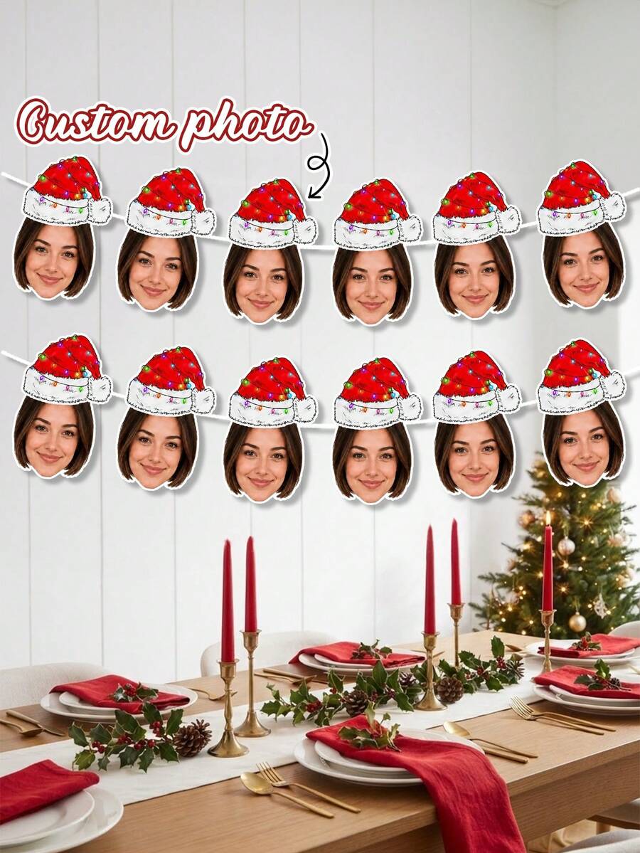 8/16/24pcs Personalized Christmas Face Wreath, Customized Photo Banner, Christmas Hat Face Flag, Fun Holiday Party Decoration, Home Christmas Decor, Fireplace Hanging Flag, Christmas Gift - Multicolor - View 1