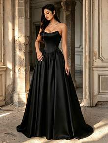 Fall Winter Elegant Black Strapless Satin Corset A-Line Maxi Ball Evening Gown, Lace Up Back Formal Dress For Party Prom Wedding Guest Banquet - Black - View 4