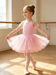 Young Girl Pink Mesh Short Sleeve Round Neck Mesh Patchwork High Stretch Cute Ballet Dance Sportswear - Pink - View 5