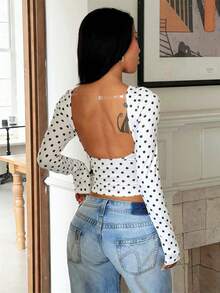 Women's Daily Fashion Versatile Design Backless Sexy Elegant Polka Dot Print Long Sleeve Top - White - View 3