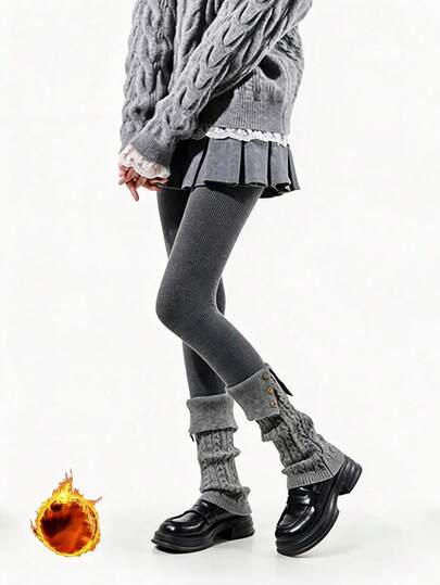 1Pc Ins Style Women Vertical Rib Knit Thermal Tights, Heather Gray Fleece Lined Slimming Pantyhose, Winter Warm Tights For Skirt & Sweater Matching