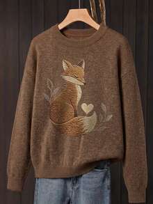 Women's Plus Size Sweater, Fox Pattern, Comfortable Autumn/Winter Women's Clothing, Long Sleeve Crew Neck - Brown - View 2