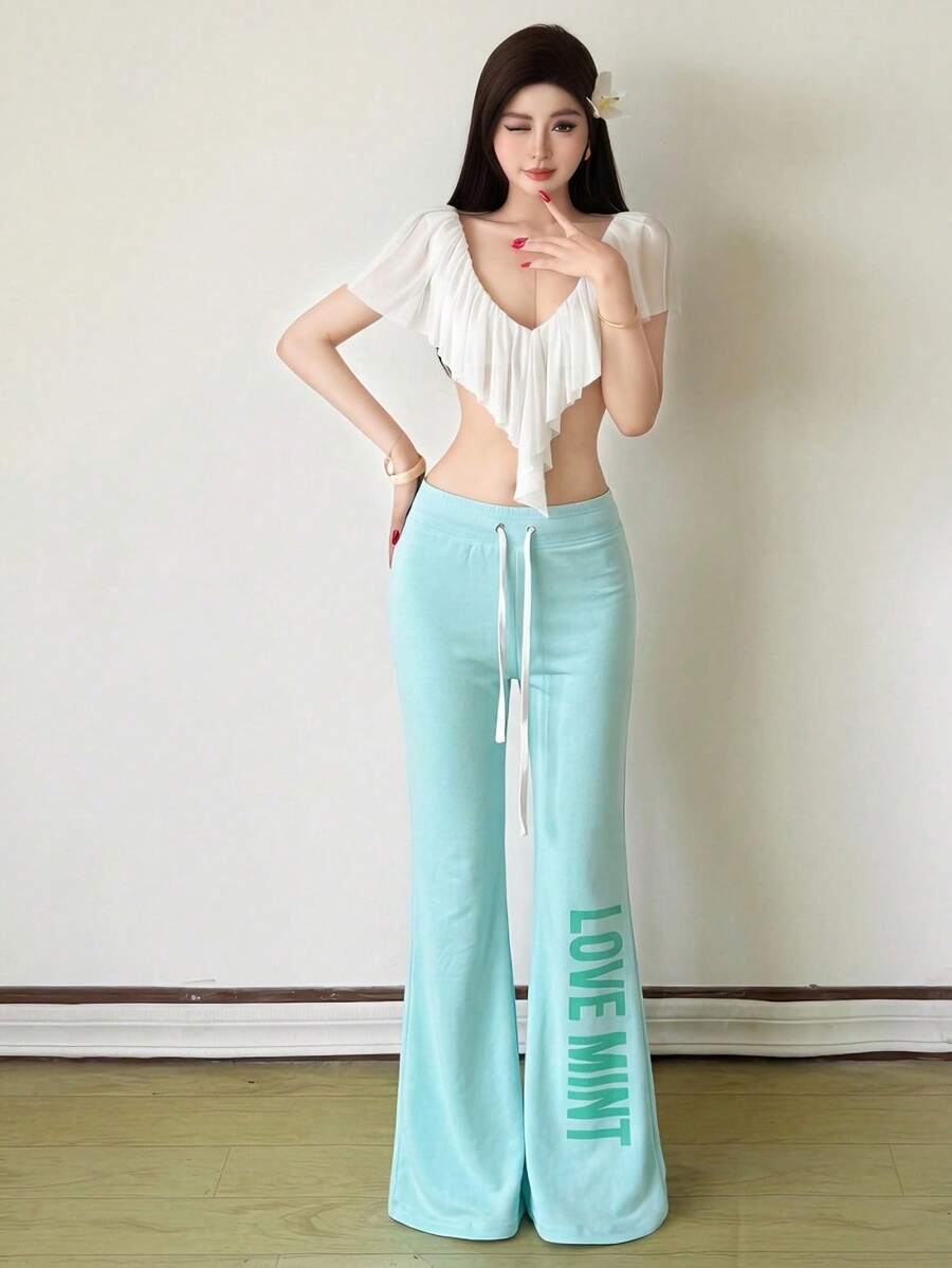 Top Dazzle Women's Casual Drawstring Knit Flare Pants, 9/10 Length, Medium Stretch, Suitable For Comfortable Summer Looks - Blue - View 1