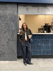 Sookaug 女款極簡休閒百搭日常深灰色高領夾克，新款寬鬆顯瘦優雅長袖上衣，羅紋針織雙拉鍊翻領長袖開襟衫，秋冬常規針織夾克 - 咖啡棕 - 查看 3