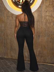 Y2K Street Style Women Distressed Flare Jeans Vintage Washed Curve Hugging Ins Fashion Cat Whisker Denim Pants - Black - View 4