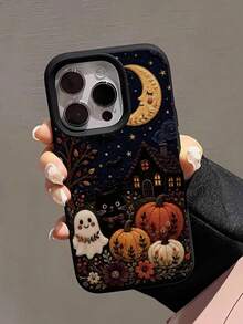 1 Piece Luxury Custom TPU Phone Case With Halloween Elements, Ghost, Moon And Pumpkin Pattern, Anti-Drop, Black, Liquid, Straight Edge, Compatible With IPhone 16 Pro Max/16/16 Pro/16 Plus/15/15 Pro Max/15 Pro/11/12/13/14 Pro Max/11 Pro/11 Pro Max/12 Pro/12 Pro Max/13 Pro/13 Pro Max/14 Pro/14 Pro Max, Soft Case With Premium Touch - Black - View 3
