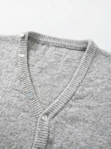 Women's New Light Gray V-Neck Long Sleeve Knit Cardigan, Dropped Shoulder And Cinched Waist Design - Light Grey - View 9