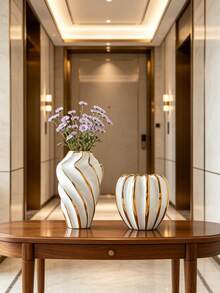 White Gold Fluted Rim Ceramic Flower Vase, 1 Piece Luxury Tabletop Ornament - 1PC - View 8