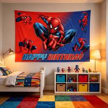 1pc Super Hero Printed Birthday Party Background Fabric, Red And Blue Spider Pattern Happy Birthday Banner Portrait Shooting, Holiday Party Comic Style Party Supplies, Home Wall Decoration, Event Photo Decoration - Multicolor - View 4