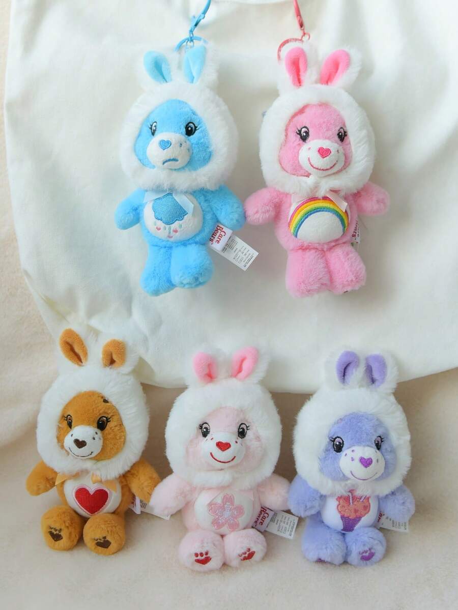 Official Care Bears Plush Keyring Bunny Edition 15cm Fluffy Rabbit Hooded Doll Pendant,Keychain For Bag, Adorable Bag Charm For Fans&Collectors