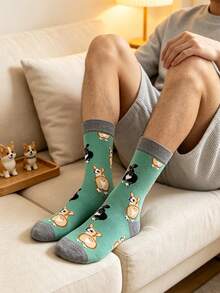 1 đôi tất nam cổ trung bình họa tiết chó Corgi hoạt hình, tất unisex in Corgi vui nhộn độc đáo, tất thường ngày đa năng phù hợp mặc hằng ngày - Nhiều màu - Xem 2