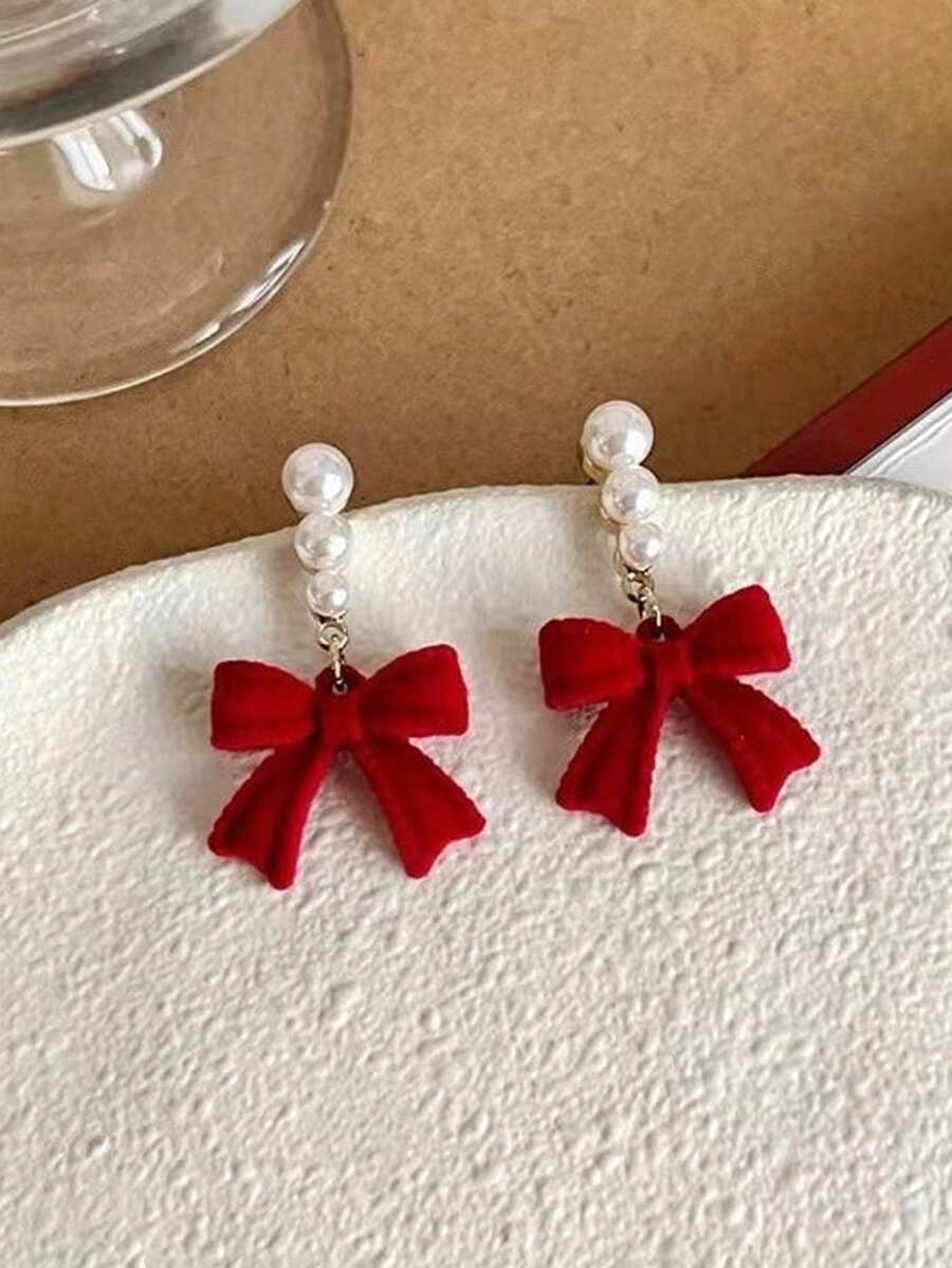 1 Pair Vintage Sweet Flocked Red Bow Pearl Stud Earrings, Minimalist Design, Suitable For Women's Daily, Holiday And Party Wear In Autumn/Winter - Red - View 1