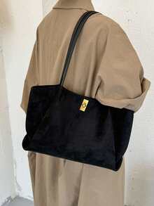 1pc Deep Coffee Color Mother-Daughter Bag Metal Lock Large Capacity Shoulder Bag Lock Closure Minimalist Retro Tote Bag Autumn Winter Office Commute Women's Handbag - A - View 8
