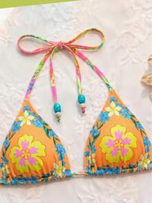 Retro Blue & Purple Cashew Flower Halter Triangle Cup Bikini, Sexy Push-Up Separate Swimsuit, Beach Holiday Swimwear - Multicolor - View 4