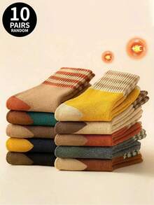 1/10 Pairs Randomly Assorted Unisex Thick Warm Contrast Color Socks, Casual Retro Patchwork Socks, Suitable For Autumn/Winter, Home/Sports Multi-Functional Warm Socks, Holiday Gift Socks, Christmas, Halloween - Multicolor - View 13