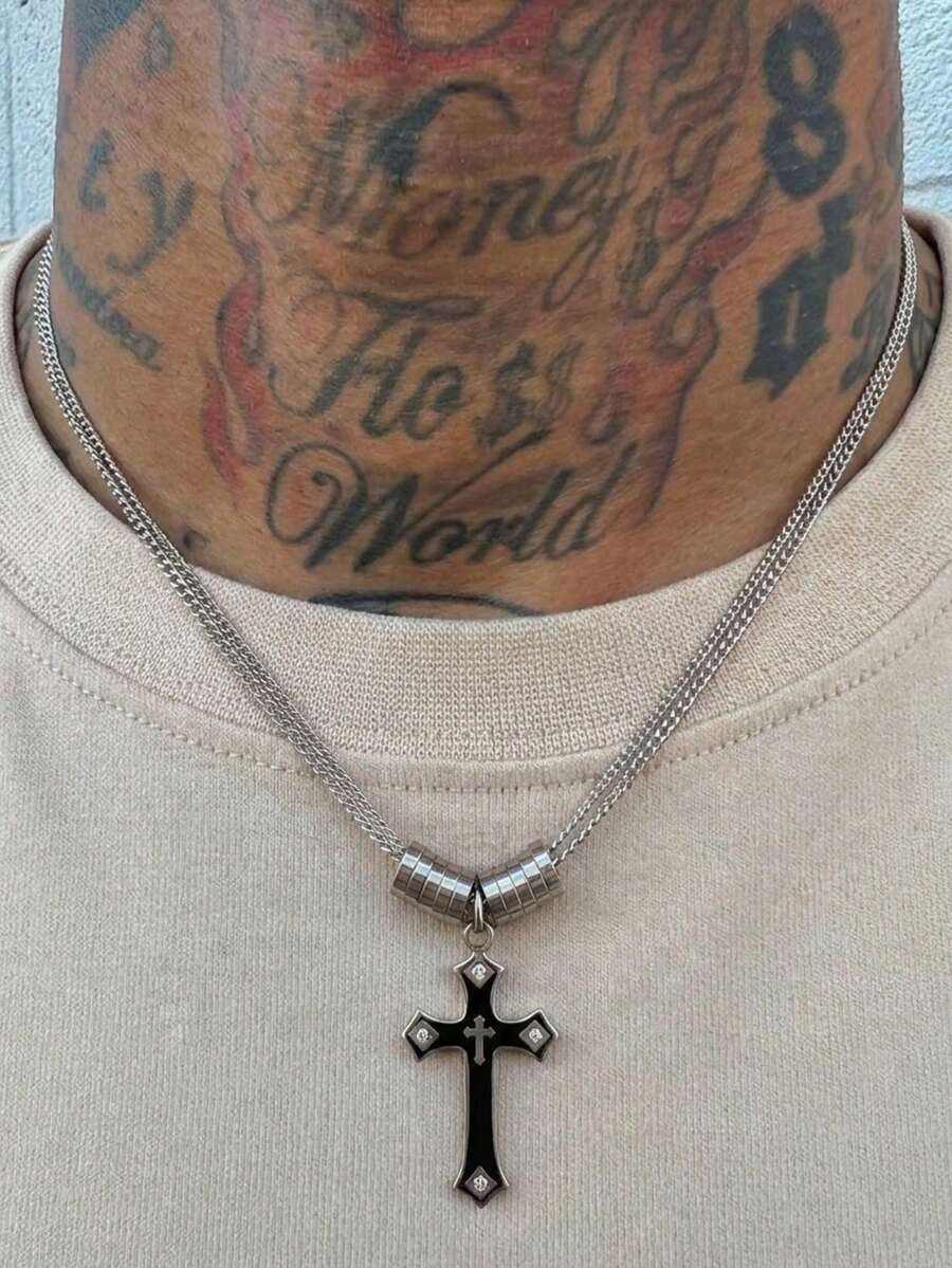 1pc Men's Pendant Necklace, Silver Titanium Steel, Cross Pendant Inlaid With CZ, Personalized Fashion Necklace, Suitable For Daily Wear And Holiday Gift - Silver - View 1