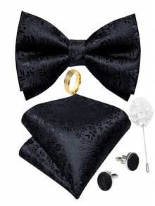 5Pcs Men Black Small Floral Jacquard Self‑Tie Bow Tie Pocket Square Cufflinks Ring Boutonniere Set, Cufflinks Pattern Random For Wedding - Black - View 1