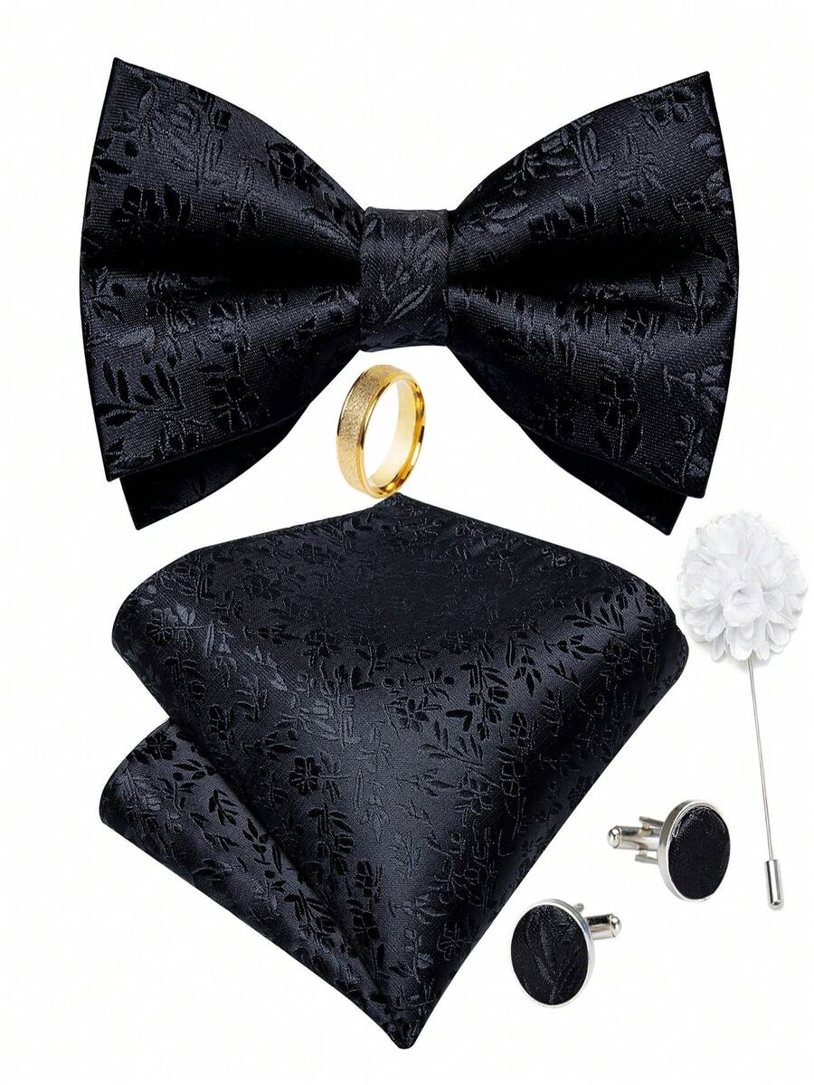 5Pcs Men Black Small Floral Jacquard Self‑Tie Bow Tie Pocket Square Cufflinks Ring Boutonniere Set, Cufflinks Pattern Random For Wedding - Black - View 1