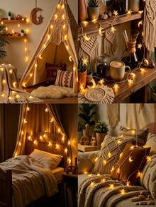 Star Moon Shaped LED Warm Light String, Battery Powered, Multi Specifications, For Christmas Ramadan Bedroom Dining Party Home Decor - Star and Moon Light String - View 5