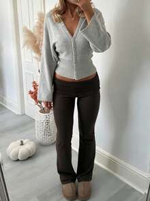 Women's New Light Gray V-Neck Long Sleeve Knit Cardigan, Dropped Shoulder And Cinched Waist Design - Light Grey - View 2