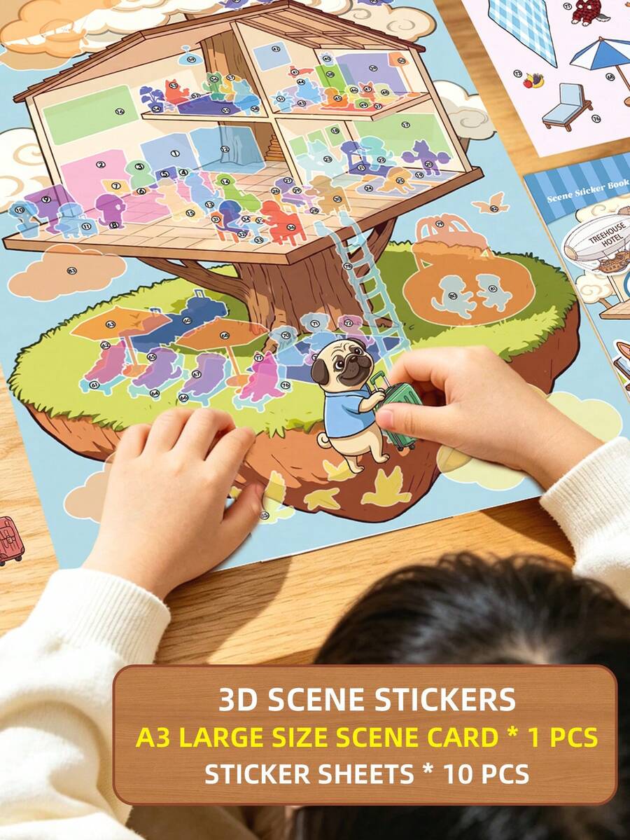 1pc A3 Large Cloud House Theme Scene Sticker Book, Decorative House Stickers, Landscape Stickers, Miniature House Scene Stickers, Scenery Stickers, Small House Scene Stickers - Scene Sticker - View 1