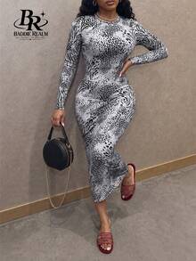 BADDIE REALM Women's Mid-Length Leopard Print Fitted Vacation Style Dress - Black and White - View 7