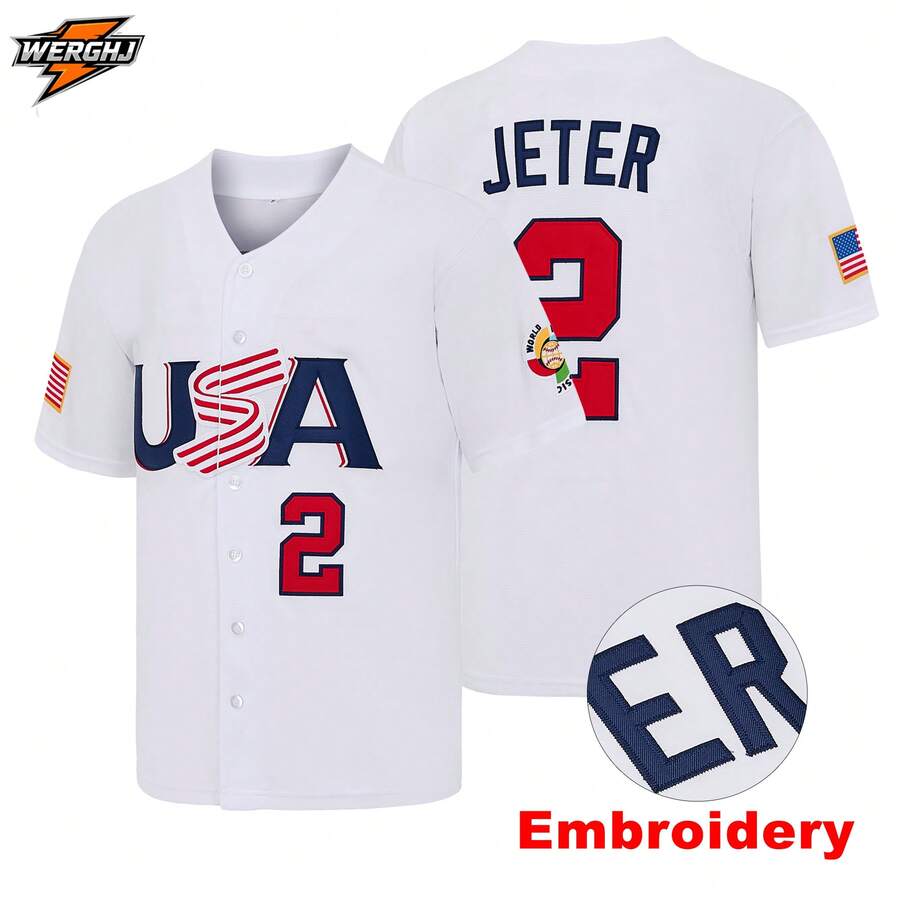 Men's #2 Derek Jeter 2006 World Baseball Classic Baseball Jersey, Embroidered Letter Baseball Apparel, Game Day Fan Gift