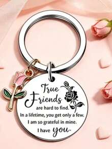 1pc/6pcs/15pcs/24pcs Keychain, True Friends Are Hard To Find Quote, Enamel Rose Pendant, Emotional Friendship Memorial Gift For Best Friends - Silver - View 3