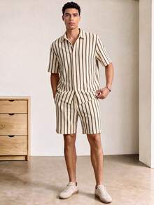 Voidago GOLDREDY Men's Summer New Elegant Knitted Random Striped Textured Polo Collar Short Sleeve Shirt With Matching Drawstring Shorts 2-Piece Set, - Apricot - View 1