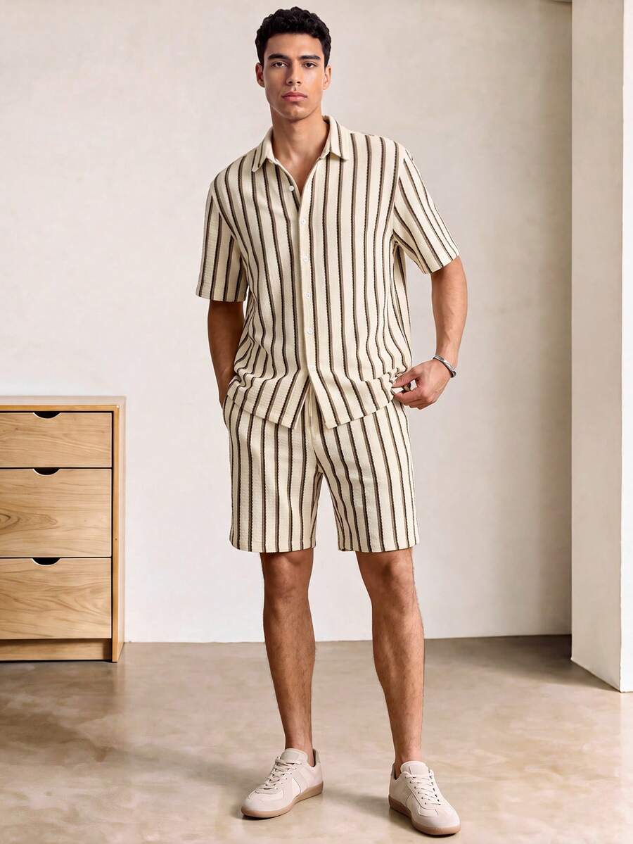 Voidago GOLDREDY Men's Summer New Elegant Knitted Random Striped Textured Polo Collar Short Sleeve Shirt With Matching Drawstring Shorts 2-Piece Set, - Apricot - View 1