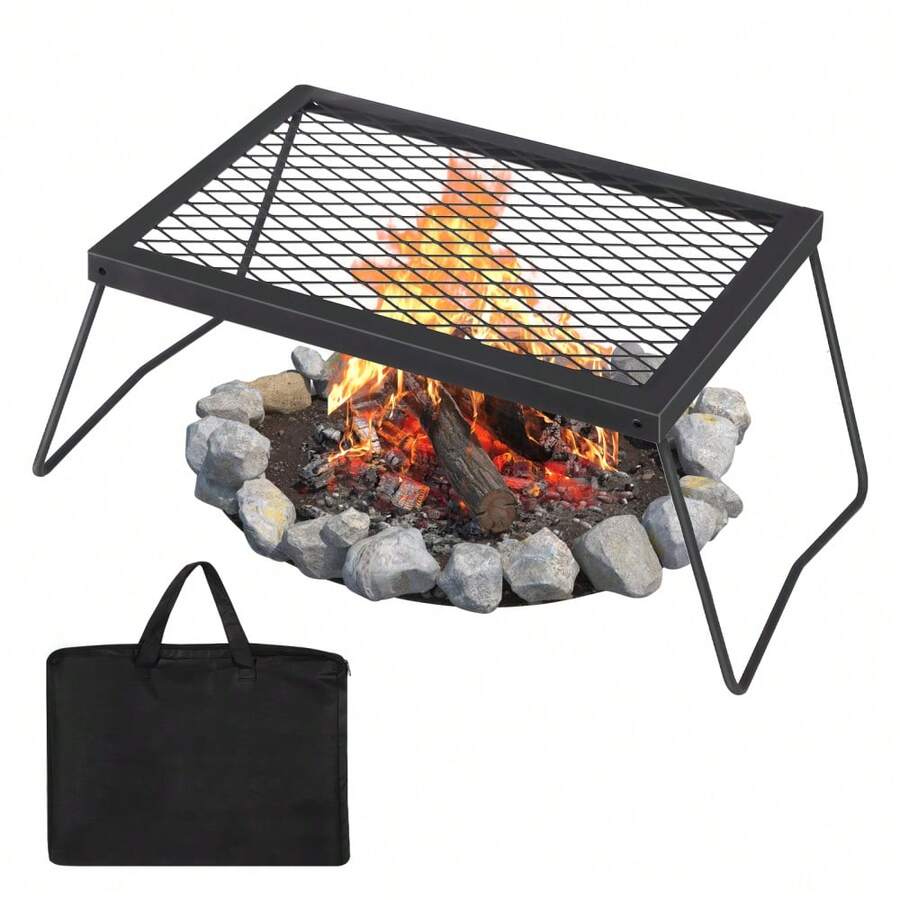 Wanfeeso Heavy Duty Folding Campfire Grill - Portable Outdoor BBQ Rack For Camping & Patio - Collapsible Fire Pit Cooking Grate & Rug Accessory - Carry Bag - Grill 17*12.2 - View 1