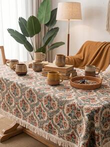 1pc Beige Background Blue Red Green Vintage Paisley Floral Pattern Tablecloth, Retro Bohemian Style Woven Fabric Material, Rectangular Beige Tassel Edge Detail, Stain-Resistant Protective And Decorative Function For Home Dining Table, Suitable For Bohemian Dining Table Decor And Daily Home Scenes - Khaki - View 6