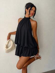 Mono Corto Elegante de Cuello Halter para Mujer, Color Negro Sólido Sin Mangas Estilo Casual Verano - Negro - Ver 3
