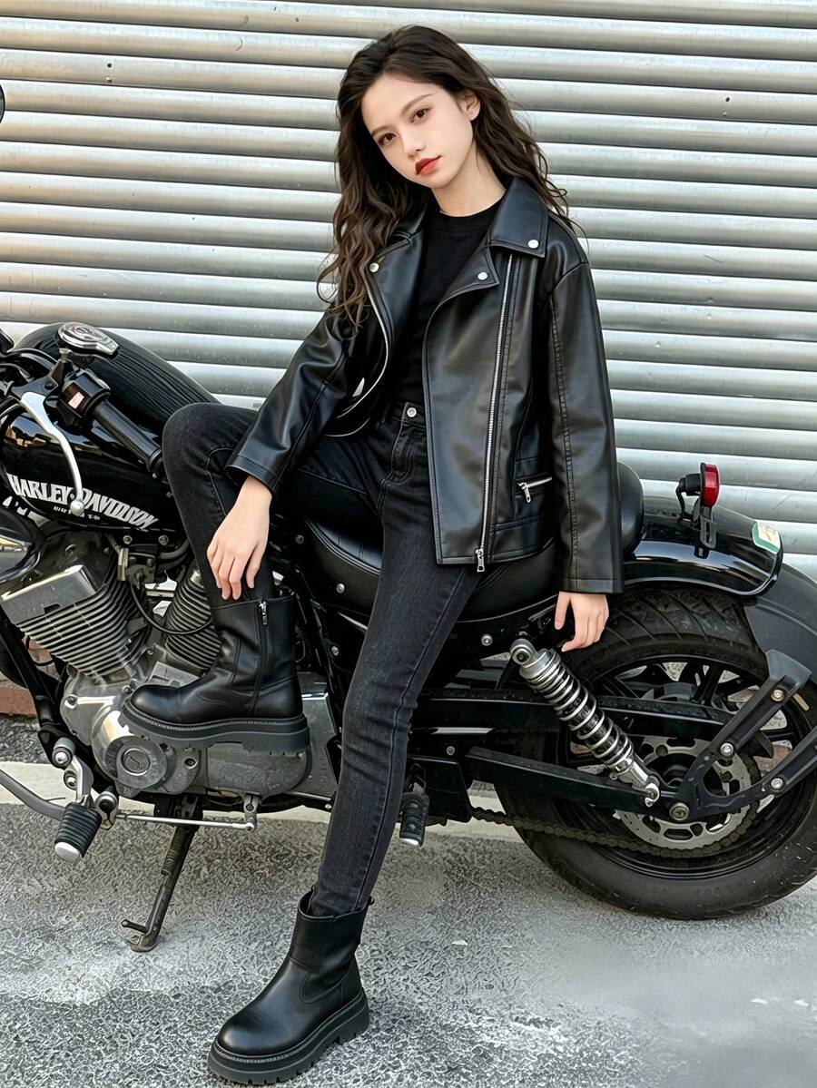 Tween Girl Fashion Casual Spring/Autumn/Winter PU Leather Zipper Front Motorcycle Jacket - Black - View 1