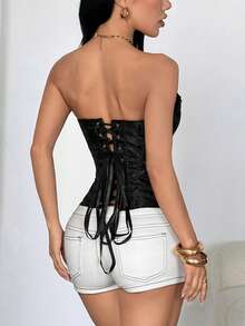 Apperloth A Áo crop top bustier ôm sát phong cách Gothic màu đen họa tiết xương, cổ gợn sóng jacquard, lưng dây buộc định hình cho nữ, phù hợp đi học lại, Halloween, tiệc rave - màu đen - Xem 2