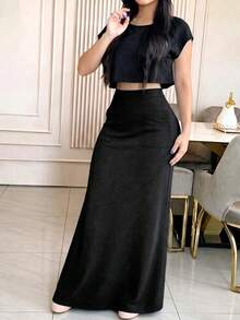 Set 2 Potong Wanita Musim Semi dan Panas Atasan Kerah Bulat Lengan Cap Kasual Elegan Warna Polos & Rok Saku Hitam - Hitam - View 5