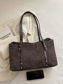 1pc Coffee Brown Buckle Strap Decor Large Capacity Solid Color PU Tote Bag Women's Shoulder Bag - Coffee Brown - View 4