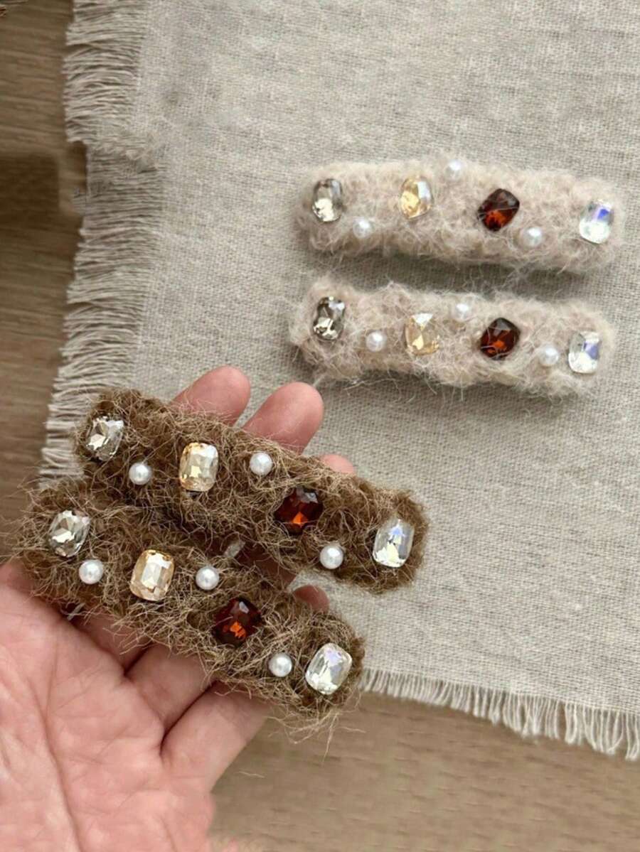1PC Autumn/Winter New Rhinestone Zirconia Pearl Plush Snap Hair Clip Side Bangs Clip Elegant Versatile Hair Accessory - Multicolor - View 1
