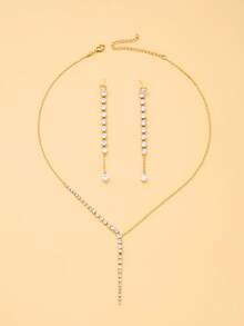 3pcs Tennis Round Diamond Y-Shaped Dangle Jewelry Set, Linear Crystal Lariat Pendant Necklace With Straight Long Dangle Earrings, Women's Minimalist Bridal Wedding Evening Party Sparkling Accessories - Rhinestone - View 6