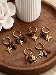 2 Buah Anting Gantung Hoop Gaya Batu Alam Vintage Dekorasi Musim Gugur dengan Charm Bintang, Mata Jahat dan Tangan, Perhiasan Wanita Gaya Bohemian - Anting-anting 7636 - View 4