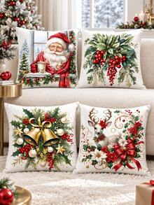 shangxia 4PCS--Winter Floral Deer Pillowcase, Red Berry Bell Character Illustration Sofa Decorative Cushion Cover--(Pillow Insert Not Included)-- (Multiple Sizes) - Multicolor - View 11