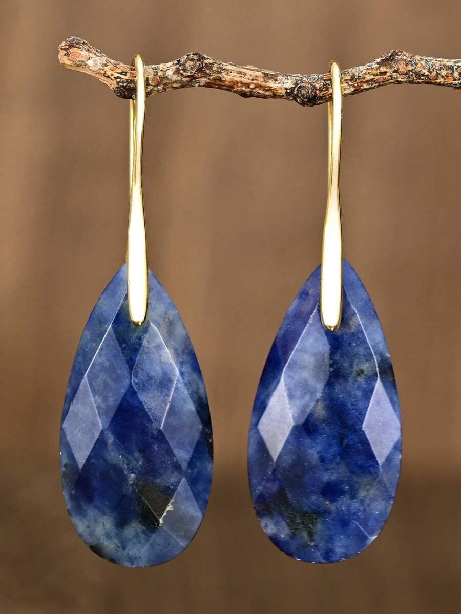 Yumfeel Fashionable Sodalite Natural Stone Teardrop Pendant Earrings, Bohemian Style Women's Jewelry, Christmas, Party, Valentine's Day Gift