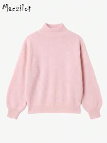 Plus Size Ladies Fall Winter Soft Fuzzy Turtleneck Pullover Top, Loose Knitwear, Slimming Cover Fat For Daily & Commuter Wear - Pink - View 7
