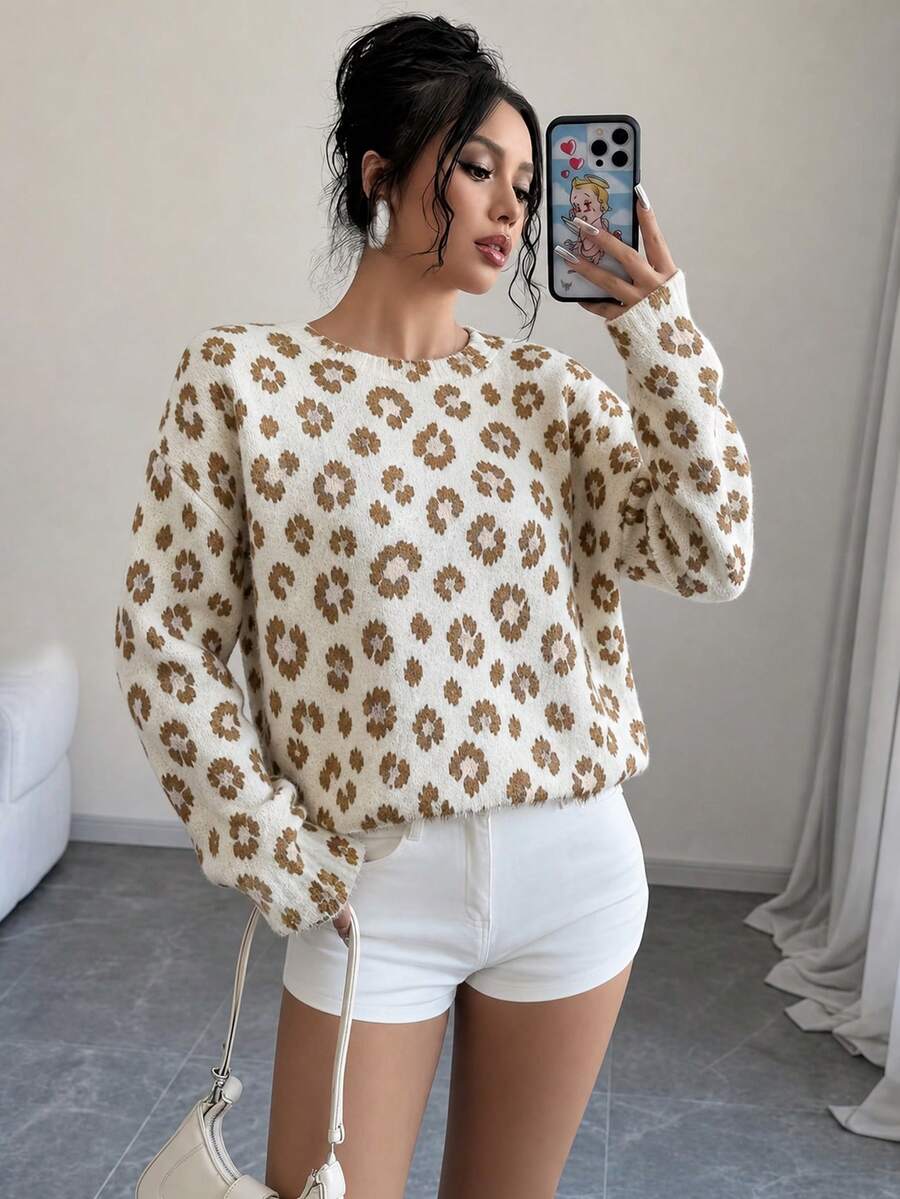 Women's Leopard Print Round Neck Long Sleeve Pullover Sweater Knitwear, Autumn Winter Pullover