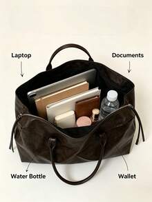 Women Solid Soft Faux Leather Tote Bag,Long Top Handles Side Tassel, Large Capacity With Inner Zip Pocket,Minimalist Elegant All-Season Office Commute - Black - View 4